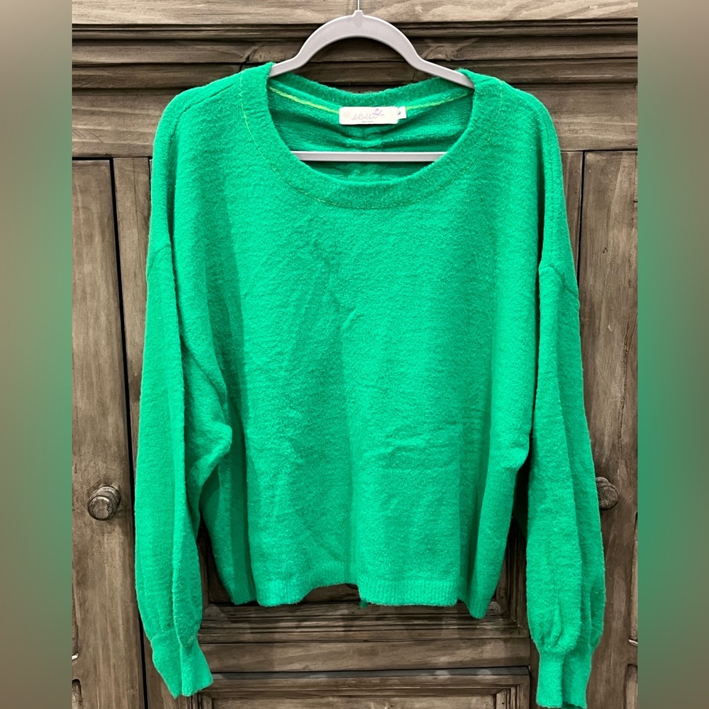 EUC Women’s LUBELLA BOUTIQUE Kelly Green Bubble Sleeve Cinch Back Sweater (L)